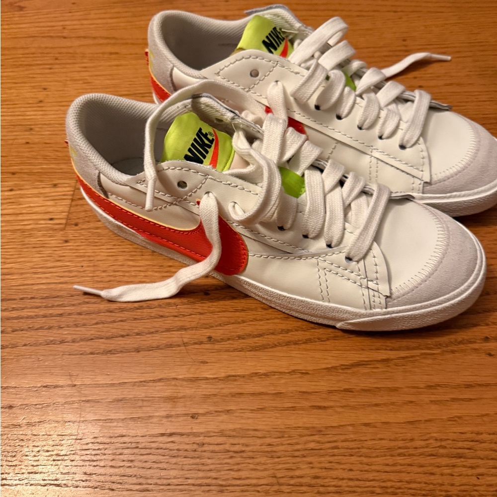 Nike Women’s White Sneakers with Orange Swoosh and Neon Lime Tongue